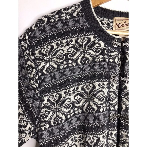 Vintage Woolrich Cardigan Sweater Women's Large Nordic Fair Isle Metal Clasps - Picture 4 of 10